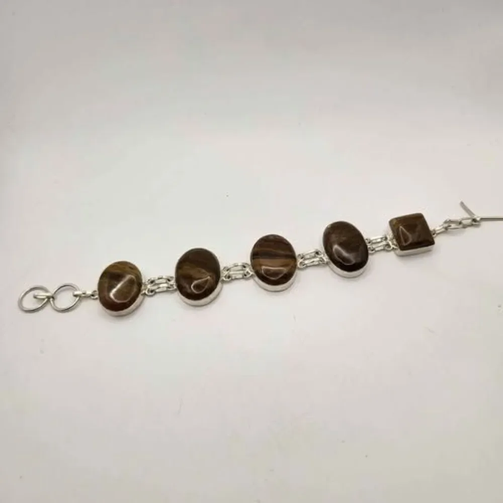 Brown Stone Bracelet 5 Cabochon Links Silver Tone Toggle Clasp Adjustable
